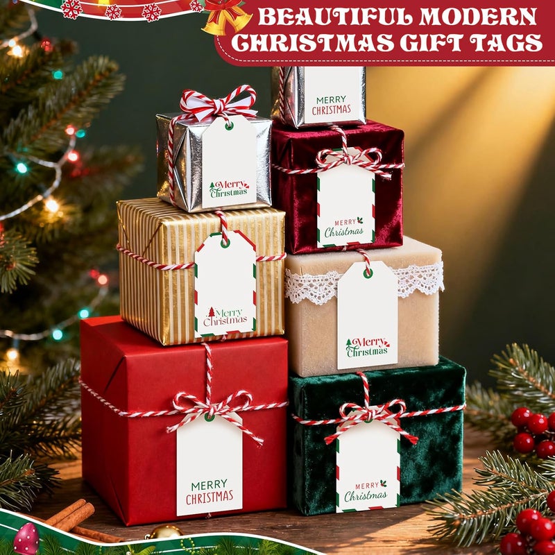 AuraRay Personalizing Christmas Gift Tags, 96 Pack Thick Cardstock Labels with 66ft Red & White String - Merry Christmas Name Tags Stickers Labels for Holiday Presents Gift, 2 x 3 Inch - 4 Designs - Image 3